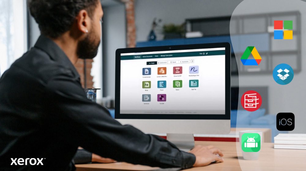 Xerox® Workflow Central Platform: Umfassende Plattformkompatibilität Eine Person sitzt an einem Schreibtisch und blickt auf einen Computerbildschirm mit der Xerox Workflow Central-Oberfläche. Rechts veranschaulichen Symbole für Microsoft, Google Drive, Dropbox, einen Aktenschrank, iOS und Android die breite Kompatibilität.